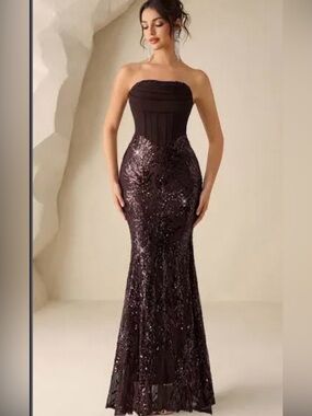 Deep BrownStrapless Sequin Gown